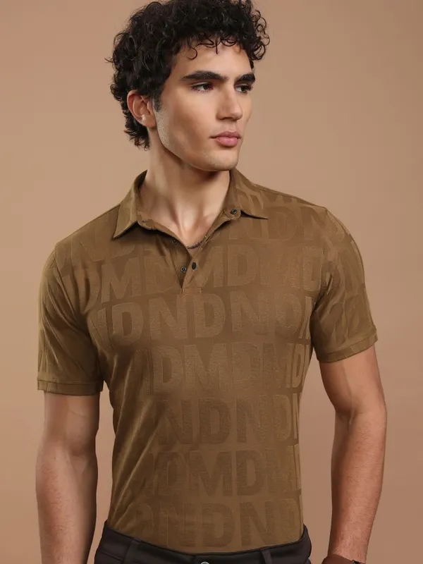 Highlander Men Brown Printed Polo Collar T-Shirt