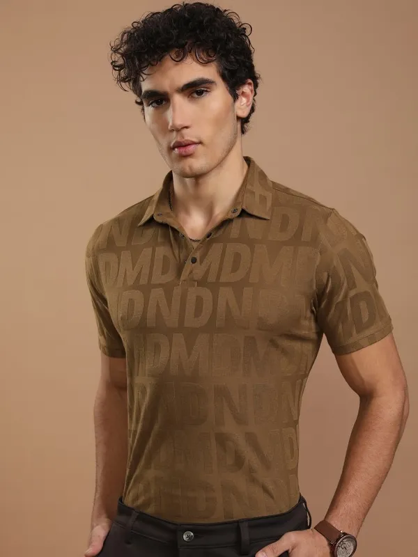 Highlander Men Brown Printed Polo Collar T-Shirt