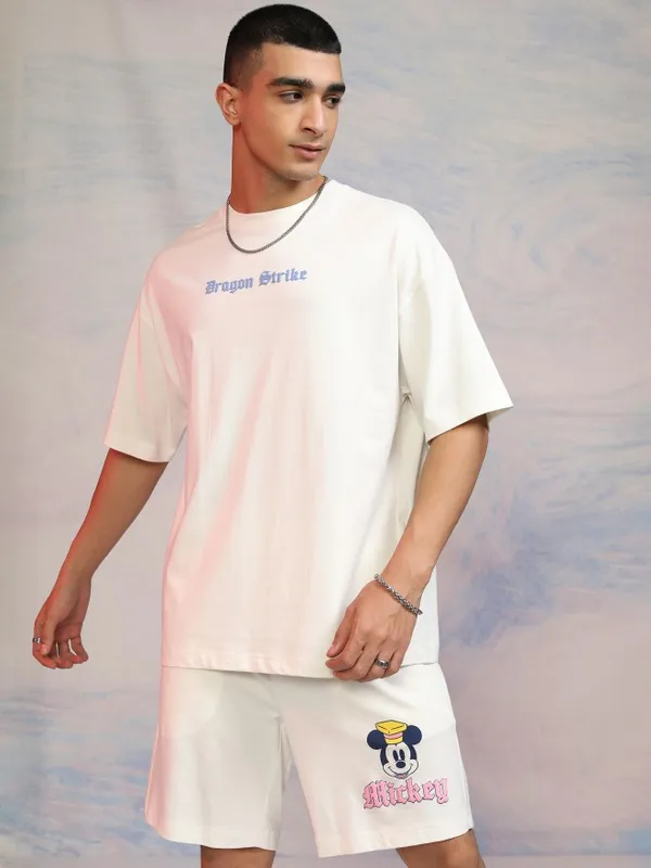 Disney By Highlander Men Off White Mickey Mouse T-Shirt With Shorts Co-Ords