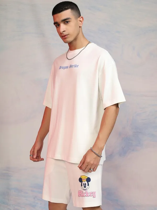 Disney By Highlander Men Off White Mickey Mouse T-Shirt With Shorts Co-Ords