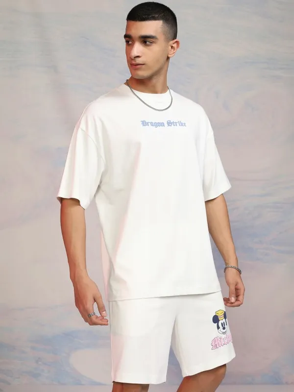 Disney By Highlander Men Off White Mickey Mouse T-Shirt With Shorts Co-Ords