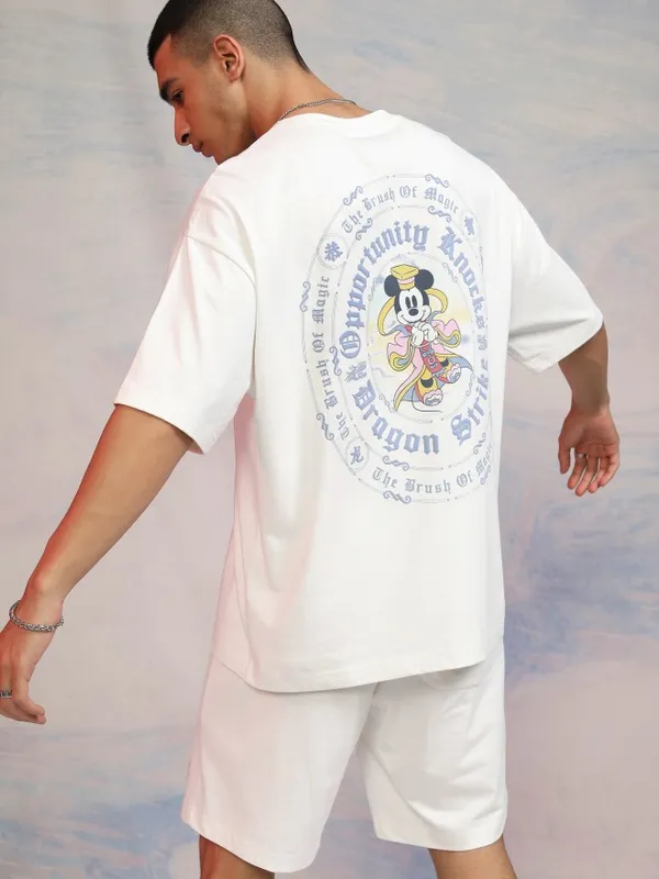Disney By Highlander Men Off White Mickey Mouse T-Shirt With Shorts Co-Ords