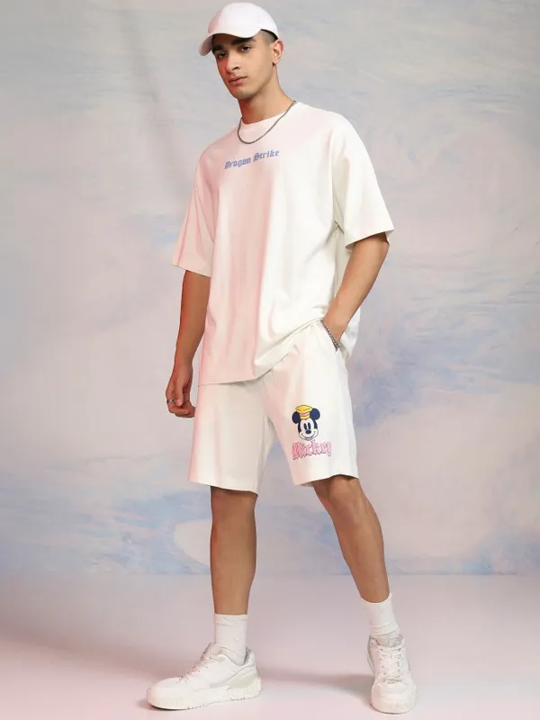 Disney By Highlander Men Off White Mickey Mouse T-Shirt With Shorts Co-Ords