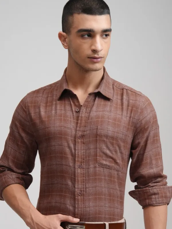 Highlander Men Rust Checked Slim Fit Casual Shirt