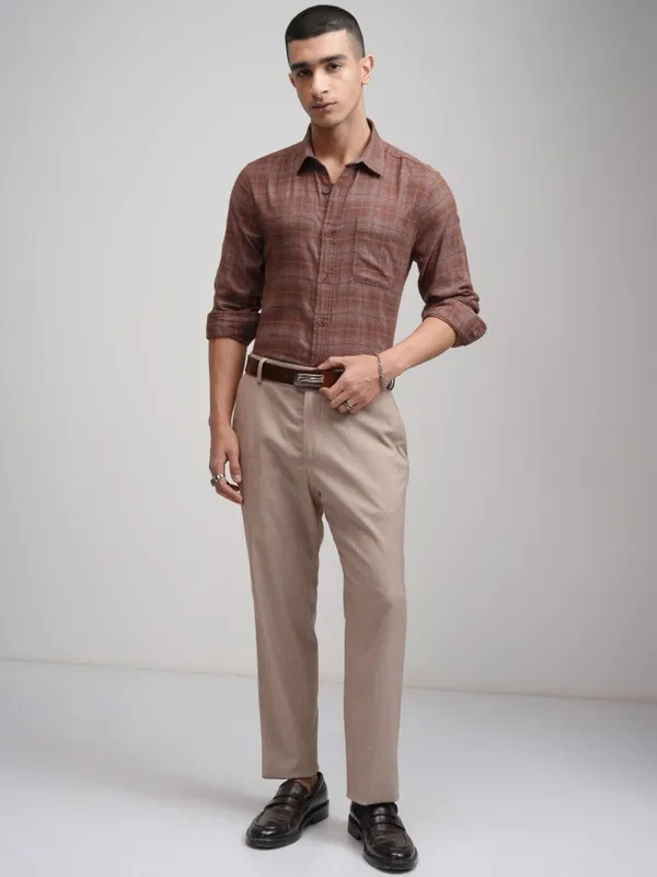 Highlander Men Rust Checked Slim Fit Casual Shirt