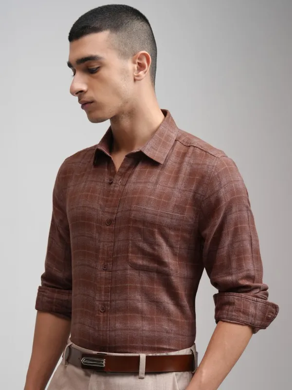 Highlander Men Rust Checked Slim Fit Casual Shirt
