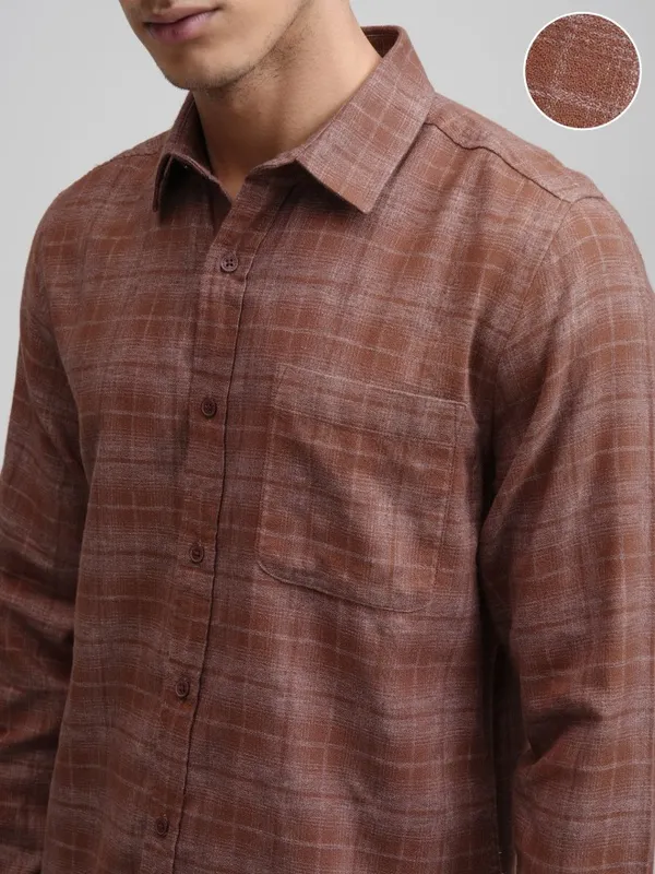 Highlander Men Rust Checked Slim Fit Casual Shirt