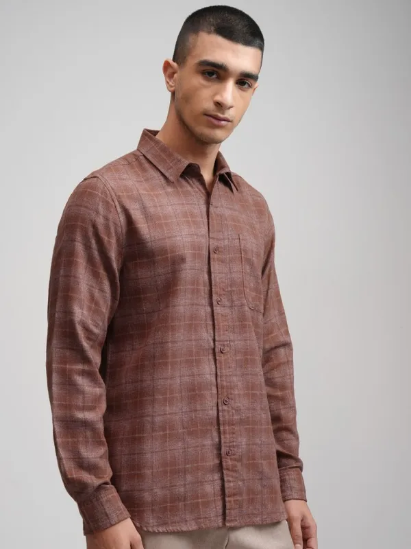 Highlander Men Rust Checked Slim Fit Casual Shirt