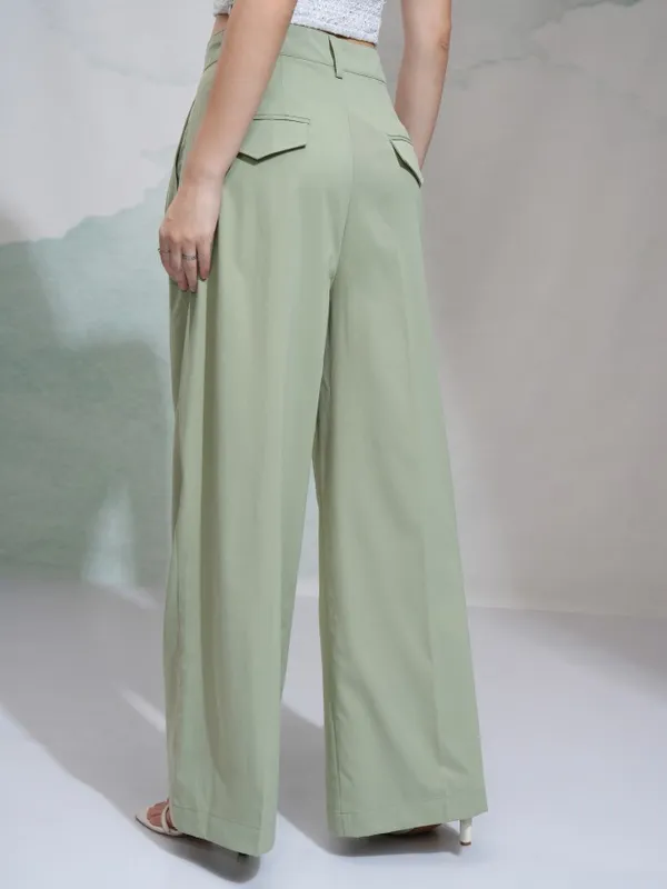 Tokyo Talkies Women Green Solid Regular Fit Casual Trouser