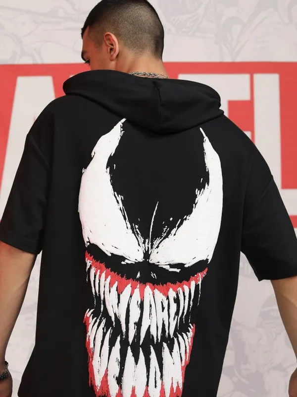 Marvel By Highlander Men Black Venom Hood Oversized Fit Pullover Sweatshirt