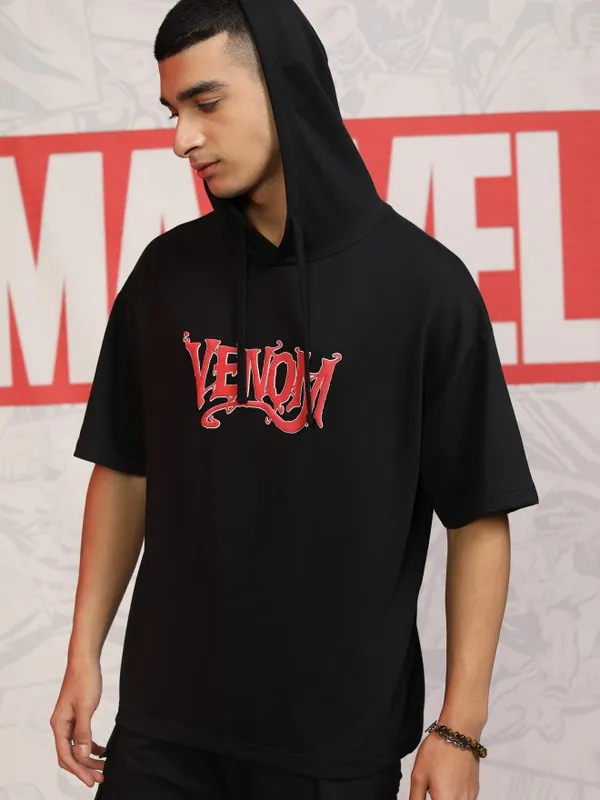 Marvel By Highlander Men Black Venom Hood Oversized Fit Pullover Sweatshirt
