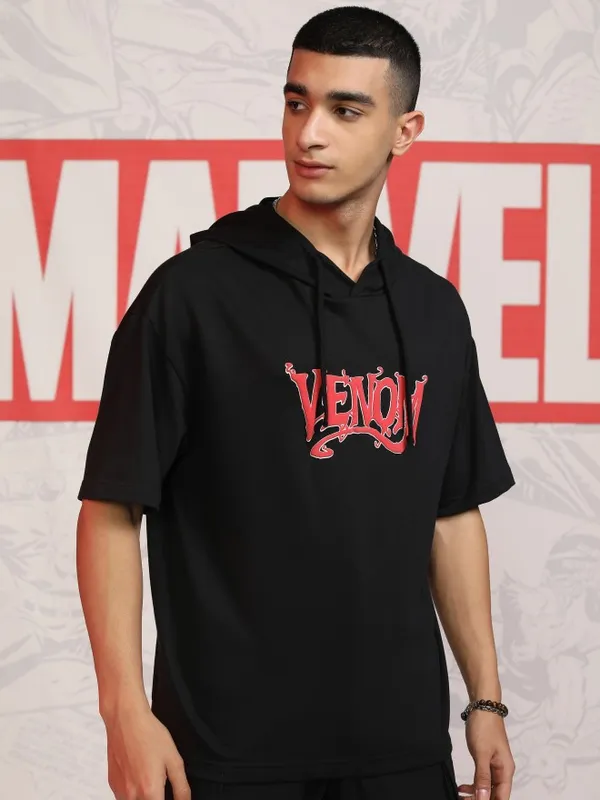 Marvel By Highlander Men Black Venom Hood Oversized Fit Pullover Sweatshirt