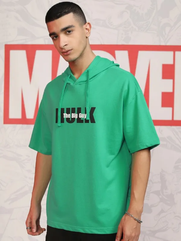 Marvel By Highlander Men Green Hulk Hood Oversized Fit Pullover Sweatshirt