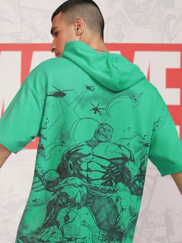 Marvel By Highlander Men Green Hulk Hood Oversized Fit Pullover Sweatshirt