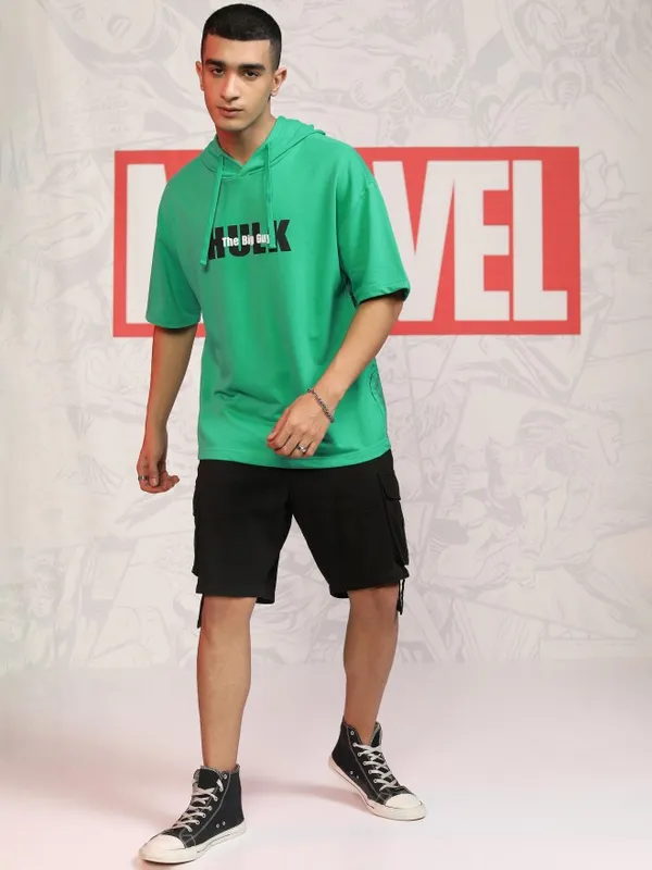 Marvel By Highlander Men Green Hulk Hood Oversized Fit Pullover Sweatshirt