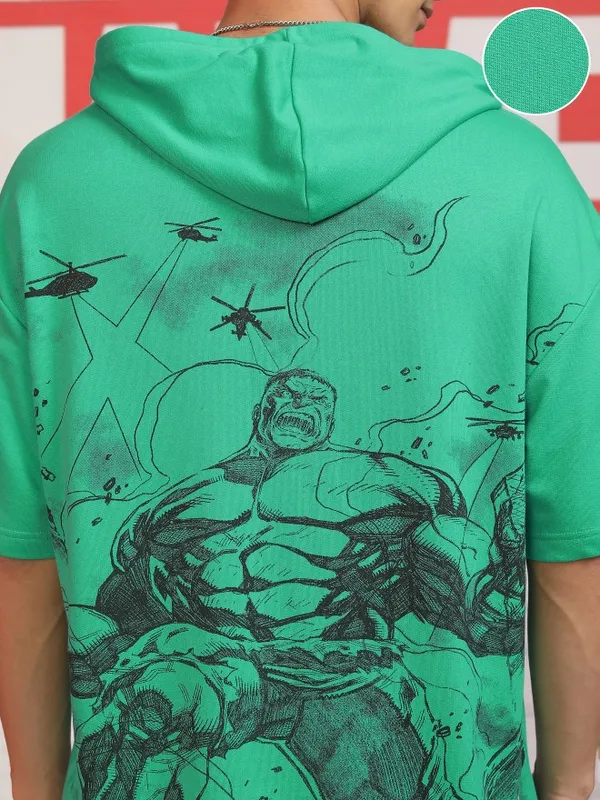 Marvel By Highlander Men Green Hulk Hood Oversized Fit Pullover Sweatshirt
