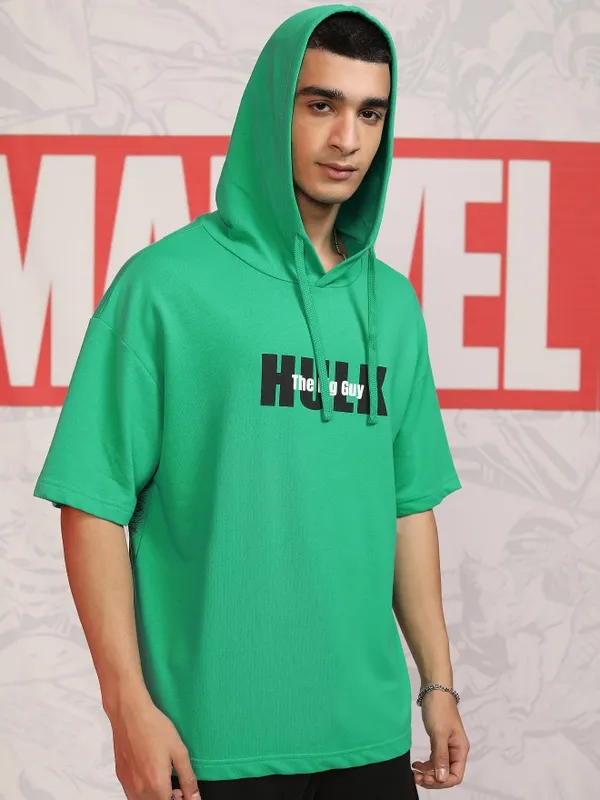 Marvel By Highlander Men Green Hulk Hood Oversized Fit Pullover Sweatshirt