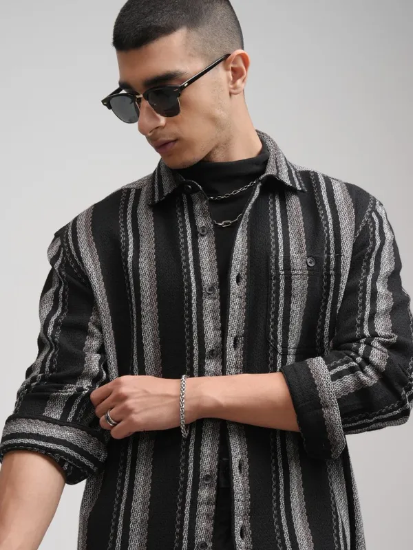 Highlander Men Black Striped Relaxed Fit Casual Shirt