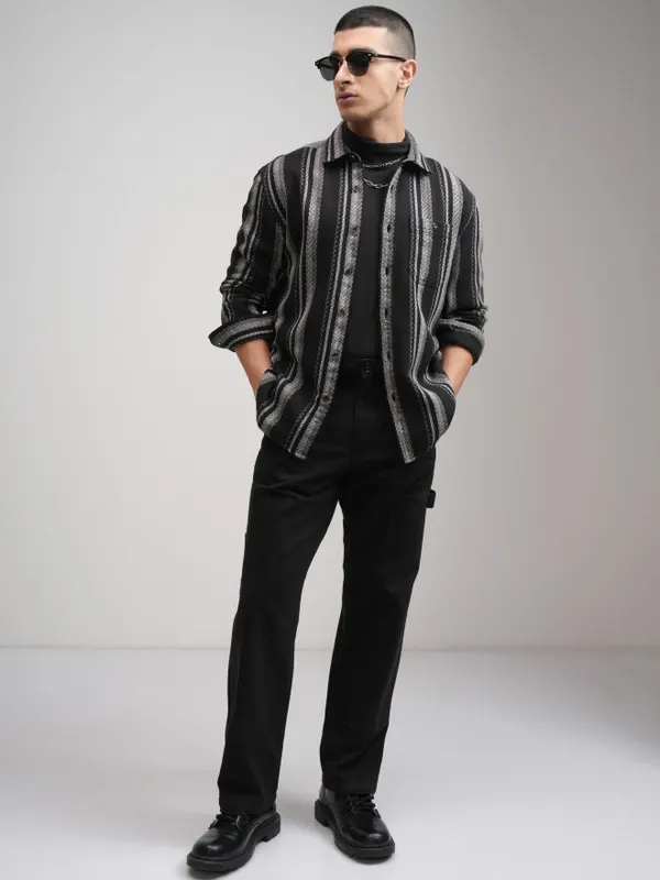Highlander Men Black Striped Relaxed Fit Casual Shirt