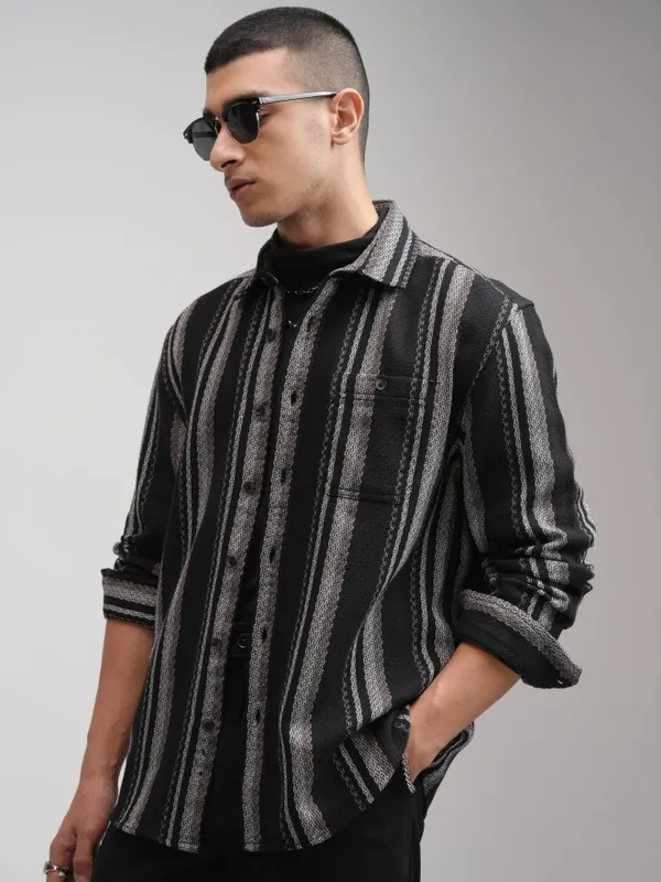 Highlander Men Black Striped Relaxed Fit Casual Shirt