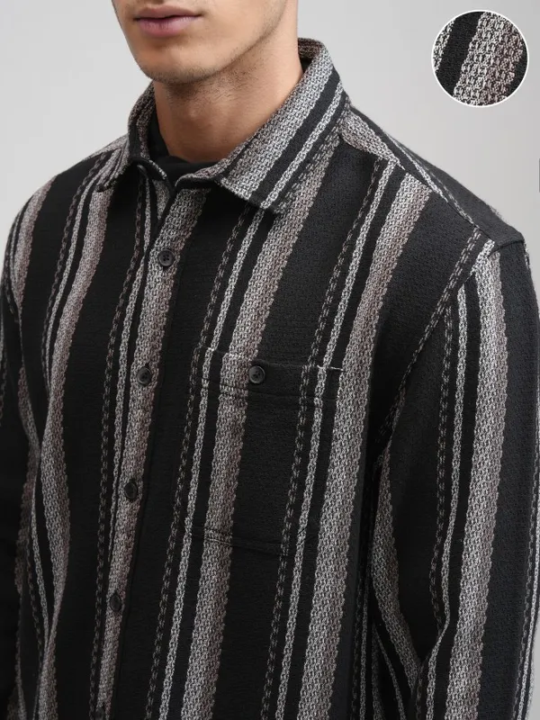 Highlander Men Black Striped Relaxed Fit Casual Shirt