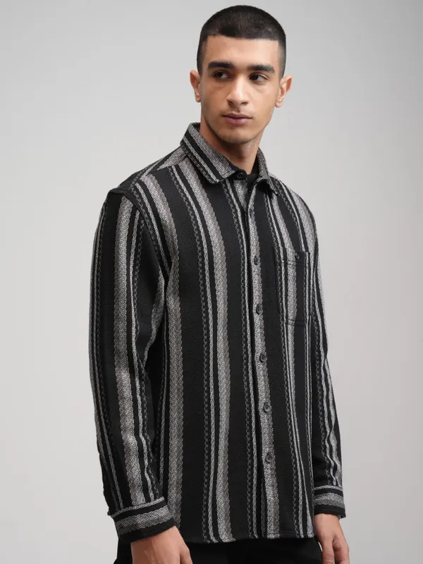 Highlander Men Black Striped Relaxed Fit Casual Shirt