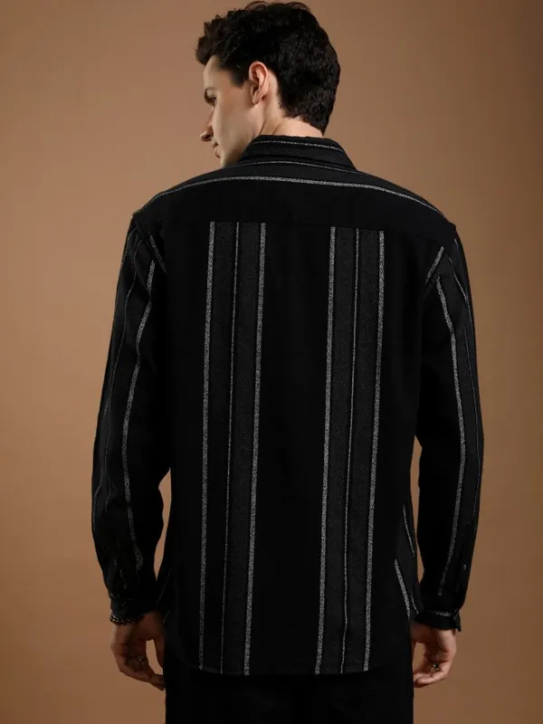 Highlander Men Black Striped Relaxed Fit Casual Shirt