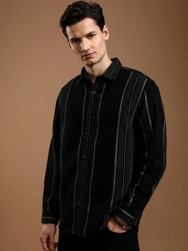 Highlander Men Black Striped Relaxed Fit Casual Shirt