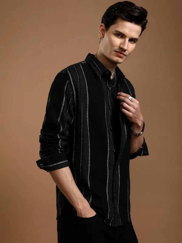 Highlander Men Black Striped Relaxed Fit Casual Shirt