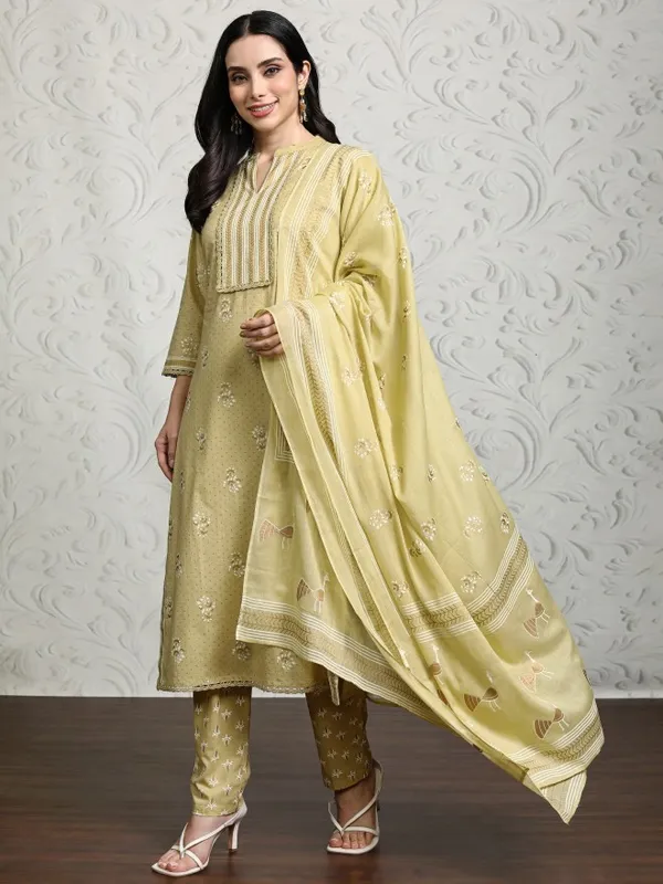 Vishudh Women Yellow Printed Kurta With Trousers And Dupatta