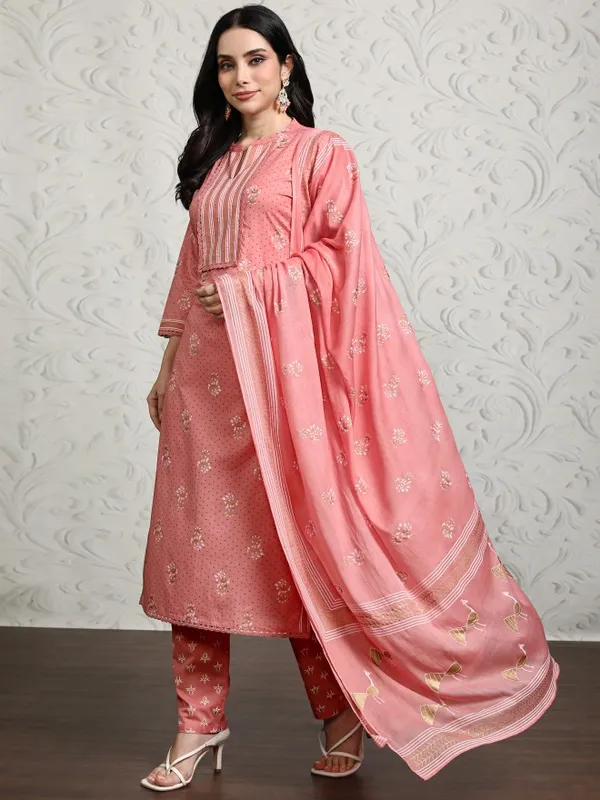 Vishudh Women Pink Printed Kurta With Trousers And Dupatta