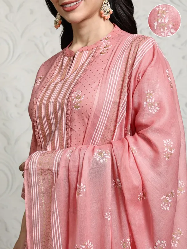 Vishudh Women Pink Printed Kurta With Trousers And Dupatta