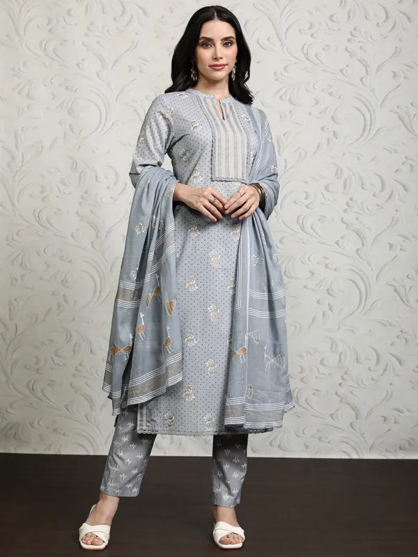 Vishudh Women Grey Printed Kurta With Trousers And Dupatta