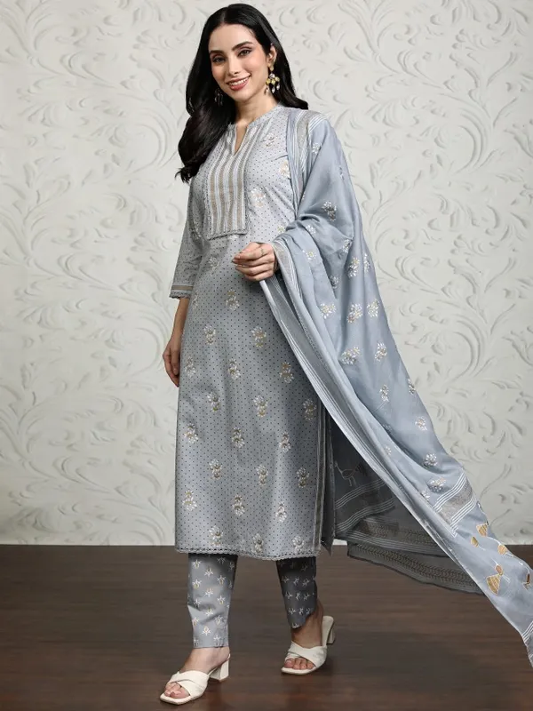 Vishudh Women Grey Printed Kurta With Trousers And Dupatta