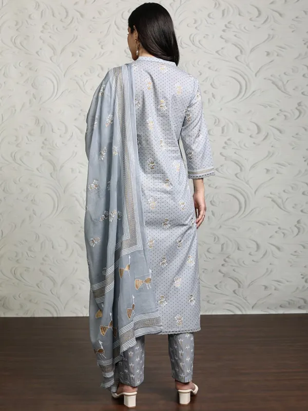 Vishudh Women Grey Printed Kurta With Trousers And Dupatta