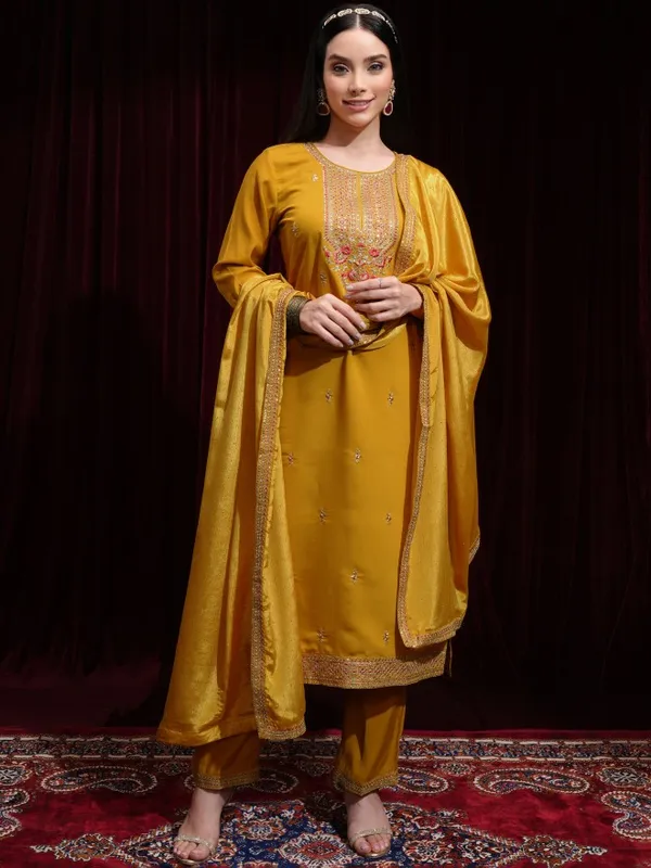 Vishudh Women Mustard Kurta With Palazzos And Dupatta