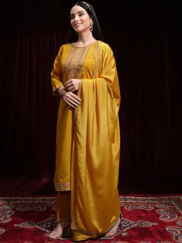 Vishudh Women Mustard Kurta With Palazzos And Dupatta