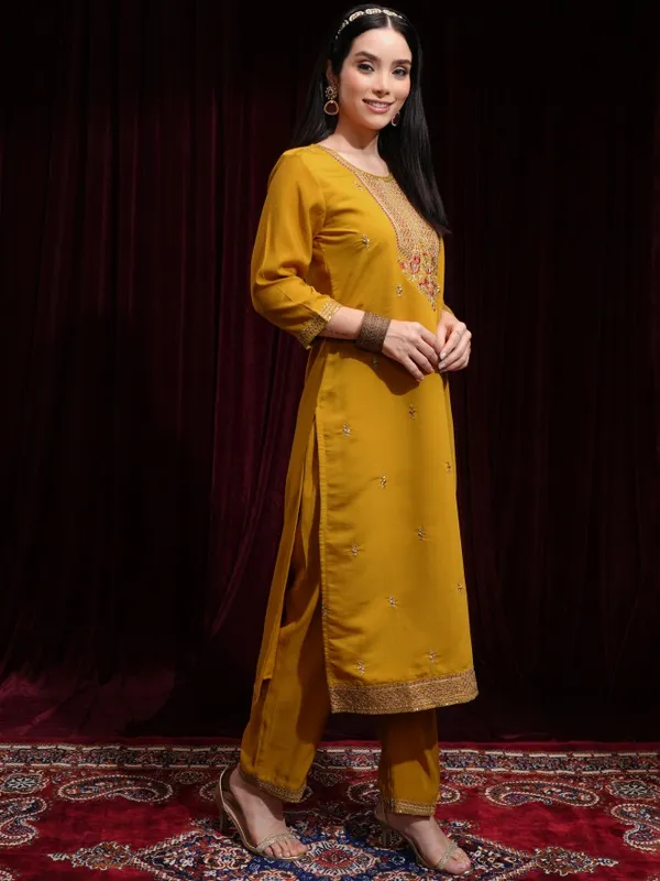 Vishudh Women Mustard Kurta With Palazzos And Dupatta