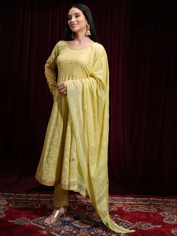 Vishudh Women Yellow Kurta With Trousers And Dupatta