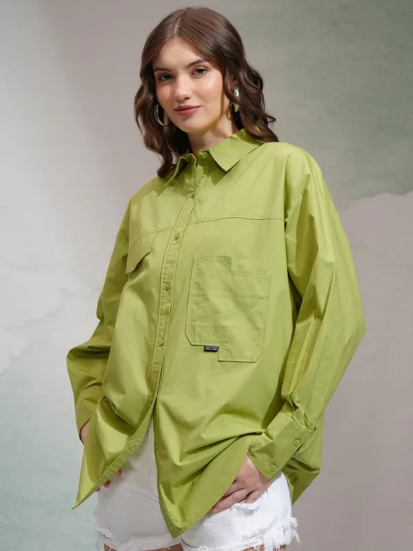 Tokyo Talkies Women Green Solid Casual Shirt