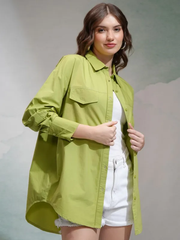 Tokyo Talkies Women Green Solid Casual Shirt