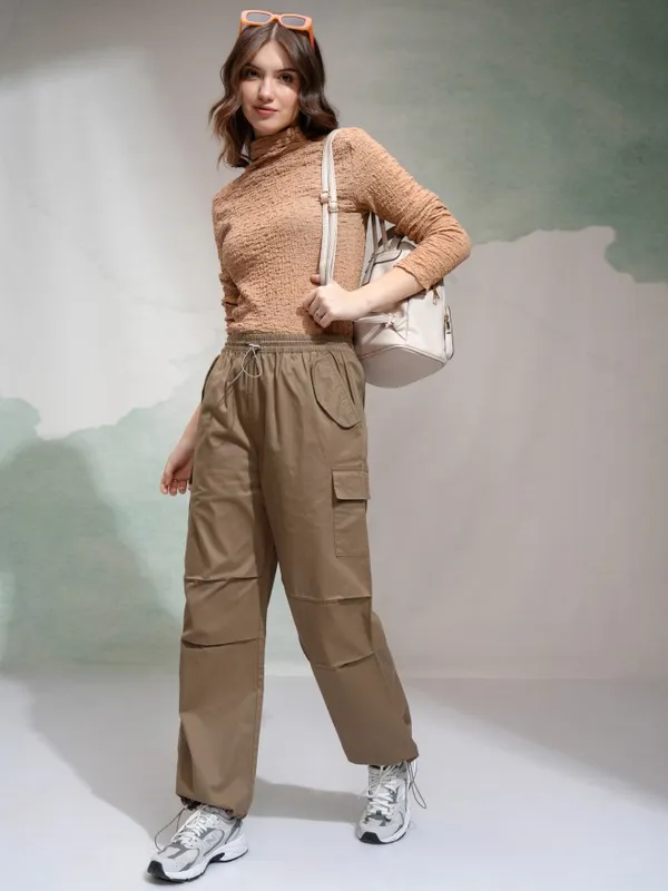 Tokyo Talkies Women Orange Solid Straight Fit Cargos