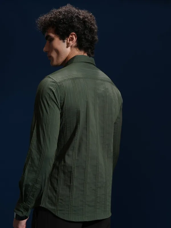Highlander Men Green Striped Slim Fit Casual Shirt