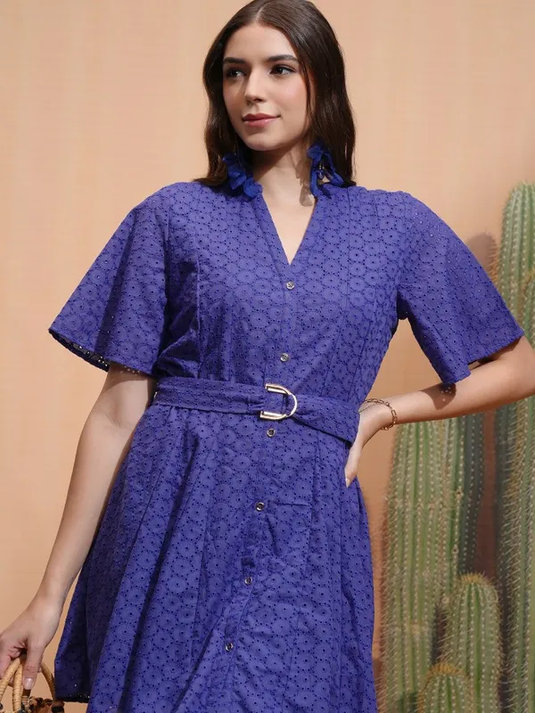 Tokyo Talkies Women Blue Self Design Fit and Flare Dress