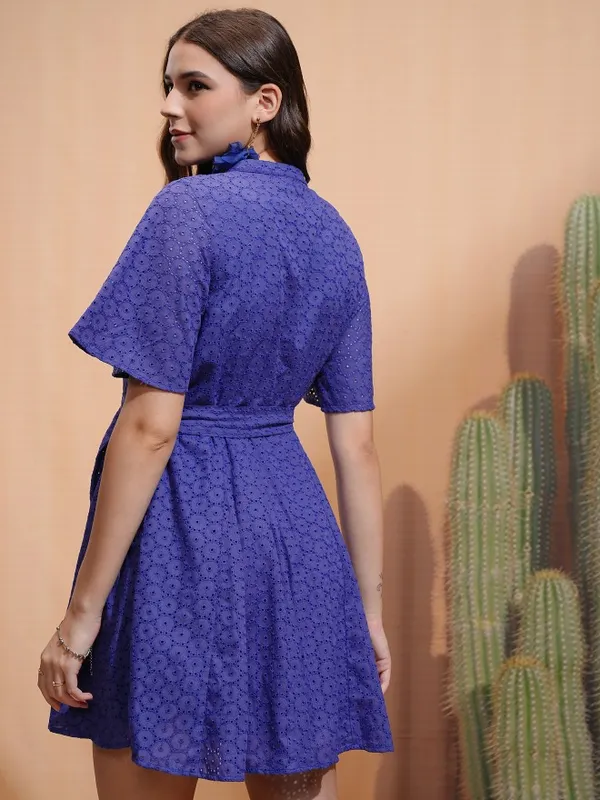 Tokyo Talkies Women Blue Self Design Fit and Flare Dress