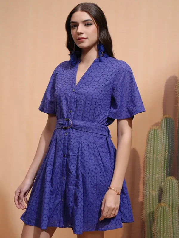 Tokyo Talkies Women Blue Self Design Fit and Flare Dress