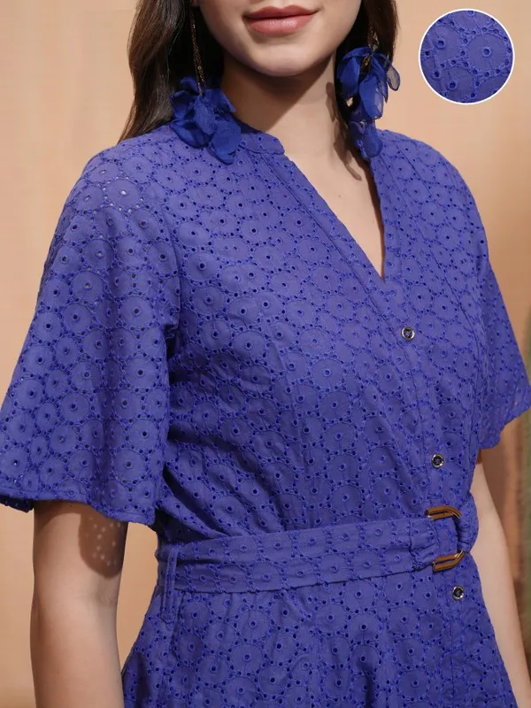 Tokyo Talkies Women Blue Self Design Fit and Flare Dress