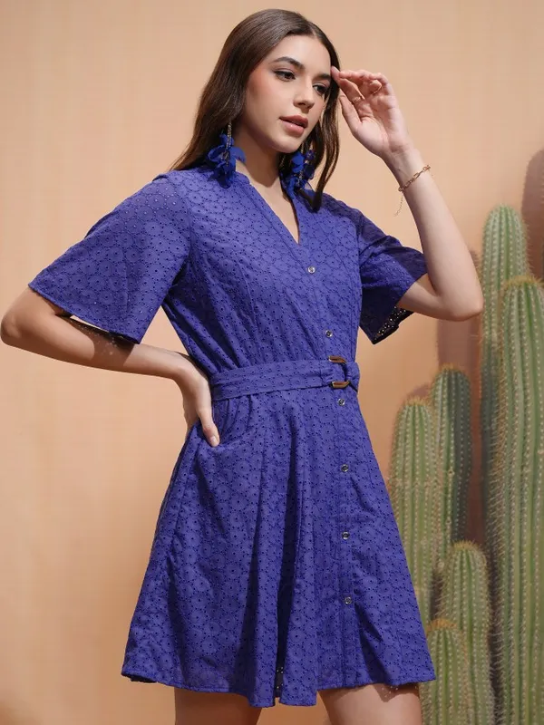 Tokyo Talkies Women Blue Self Design Fit and Flare Dress