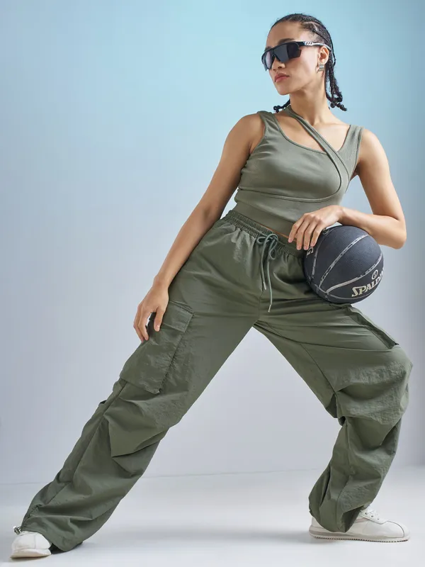Street By Tokyo Talkies Women Green Solid Loose Fit Cargos