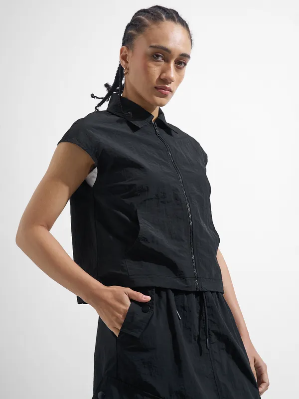 Street By Tokyo Talkies Women Black Open Front Jacket